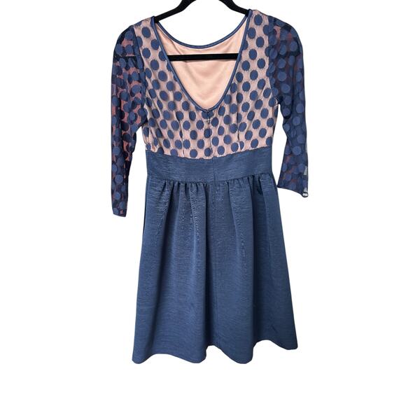 Eliza J Women's Navy Blue Polka Dot Mesh Bodice Dress 3/4 Sleeve Size 2 - Picture 6 of 10